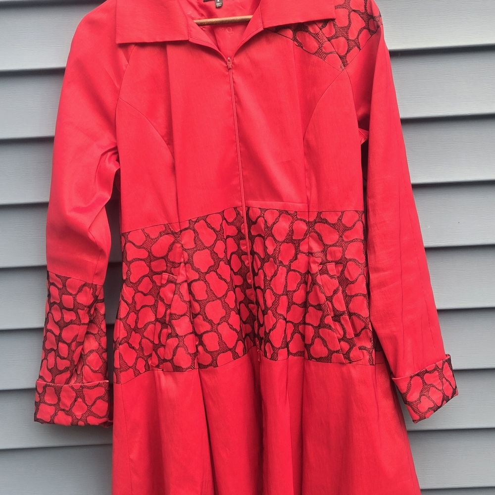 Samuel Dong Red Trench Coat with Patterned Accents
